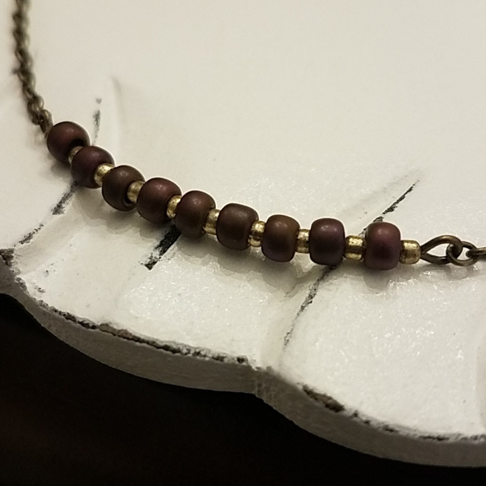 Maroon & Gold Beaded Antique Brass Bar Necklace